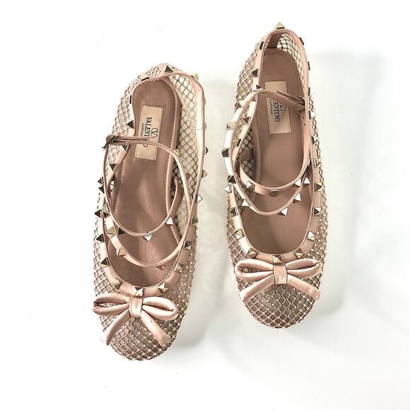 Valentino Rockstud Crystals Mesh Rose Cannelle Calfskin Ballerina Flats 40